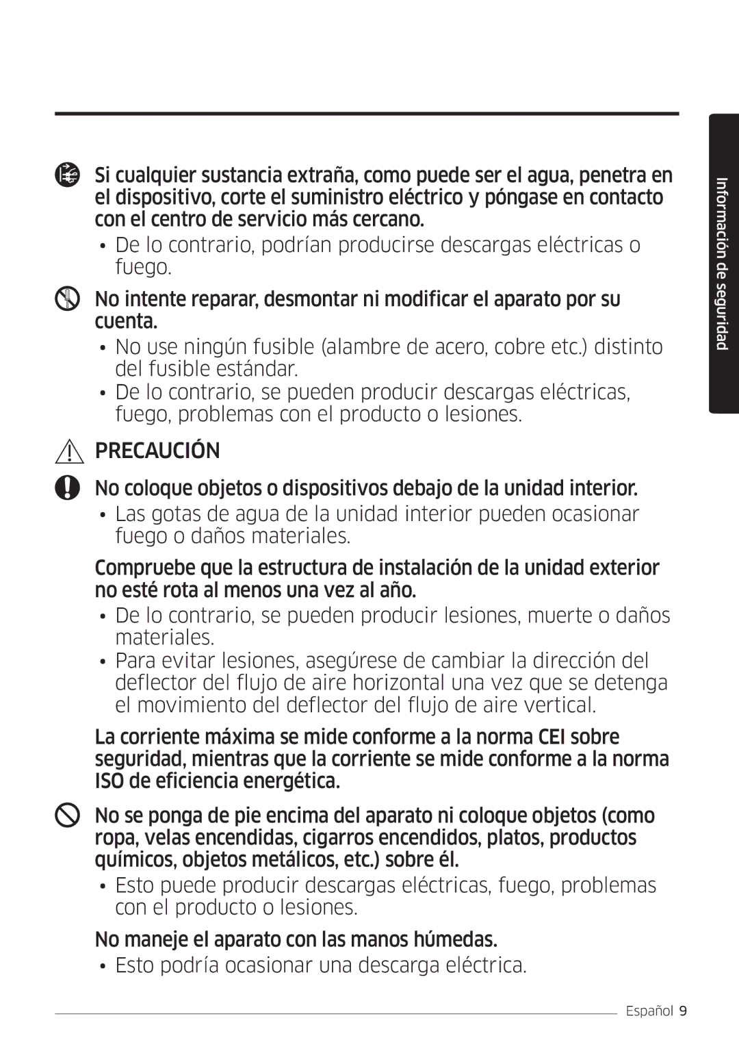 Samsung AR18MSWSAWKNEU, AR24MSWSAWKNEU, AR07MSWSAURNEU, AR09MSWSAURNEU, AR12MSWSAURNEU manual Precaución 