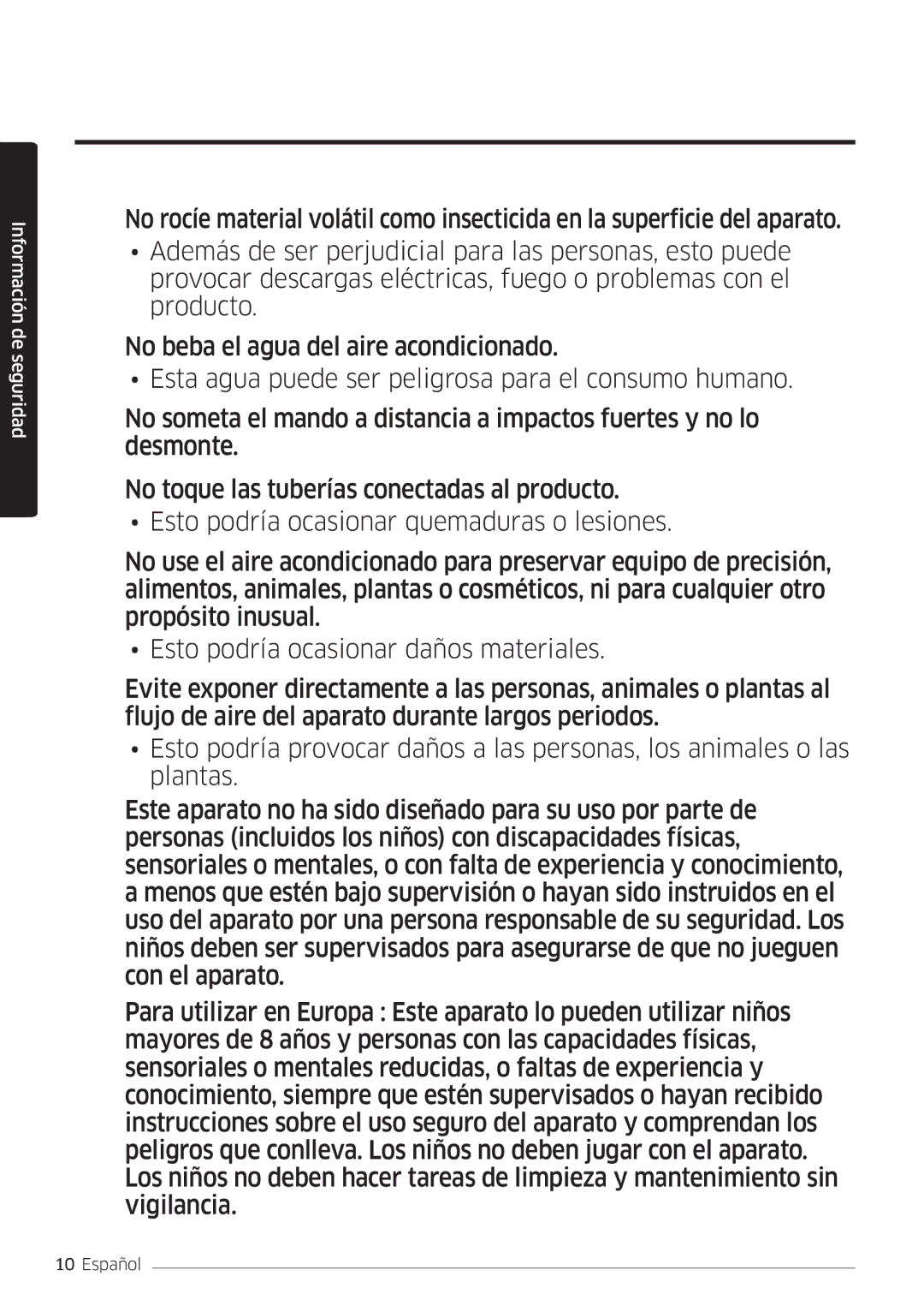 Samsung AR24MSWSAWKNEU, AR18MSWSAWKNEU, AR07MSWSAURNEU, AR09MSWSAURNEU, AR12MSWSAURNEU manual Información de seguridad 