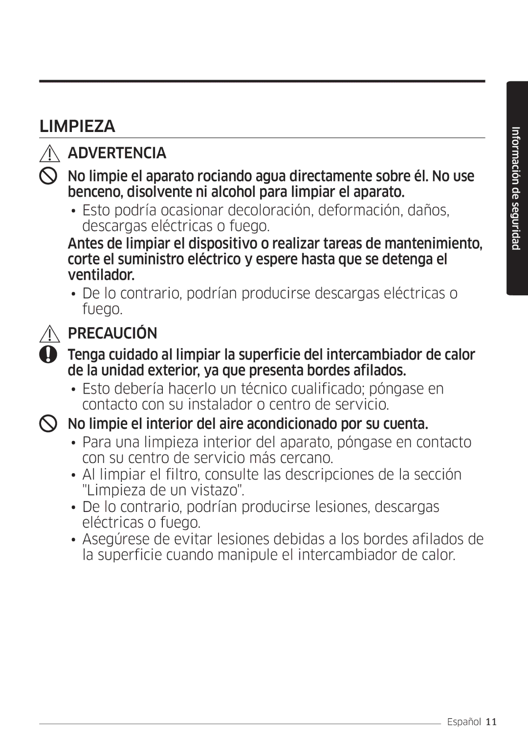 Samsung AR07MSWSAURNEU, AR18MSWSAWKNEU, AR24MSWSAWKNEU, AR09MSWSAURNEU, AR12MSWSAURNEU manual Limpieza 