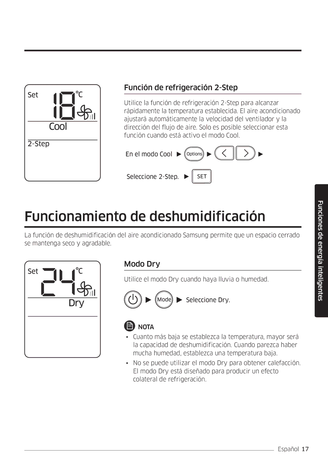 Samsung AR09MSWSAURNEU, AR18MSWSAWKNEU manual Funcionamiento de deshumidificación, Función de refrigeración 2-Step, Modo Dry 