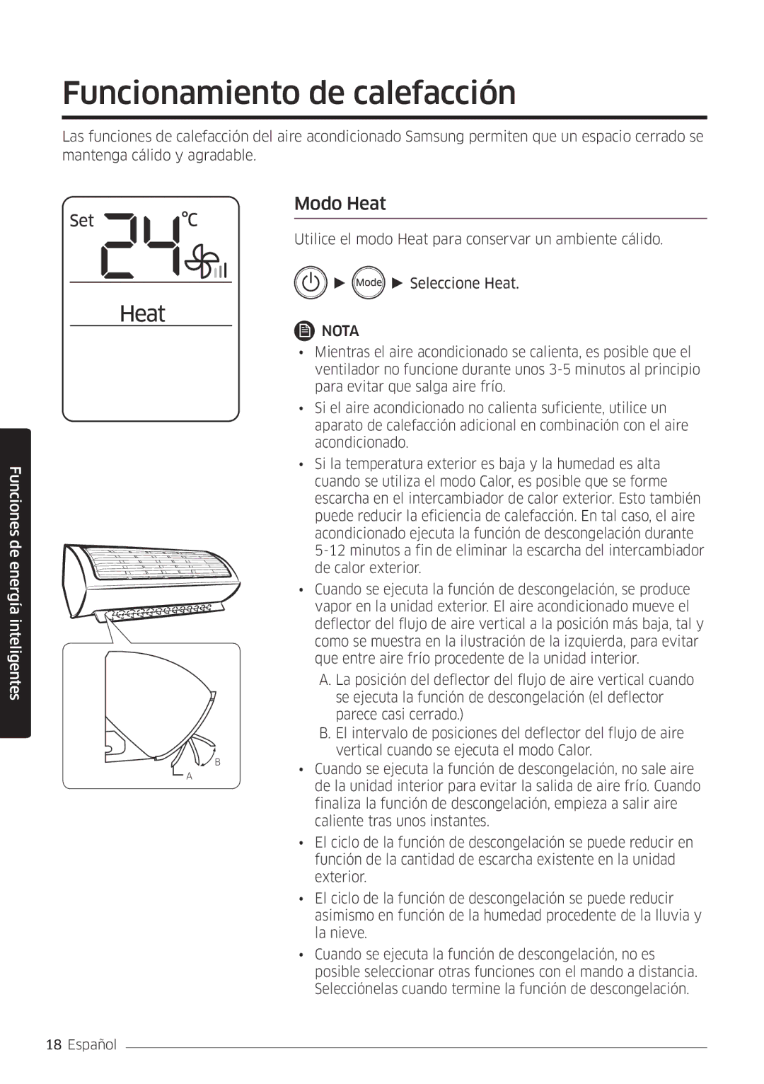 Samsung AR12MSWSAURNEU, AR18MSWSAWKNEU, AR24MSWSAWKNEU, AR07MSWSAURNEU manual Funcionamiento de calefacción, Modo Heat 