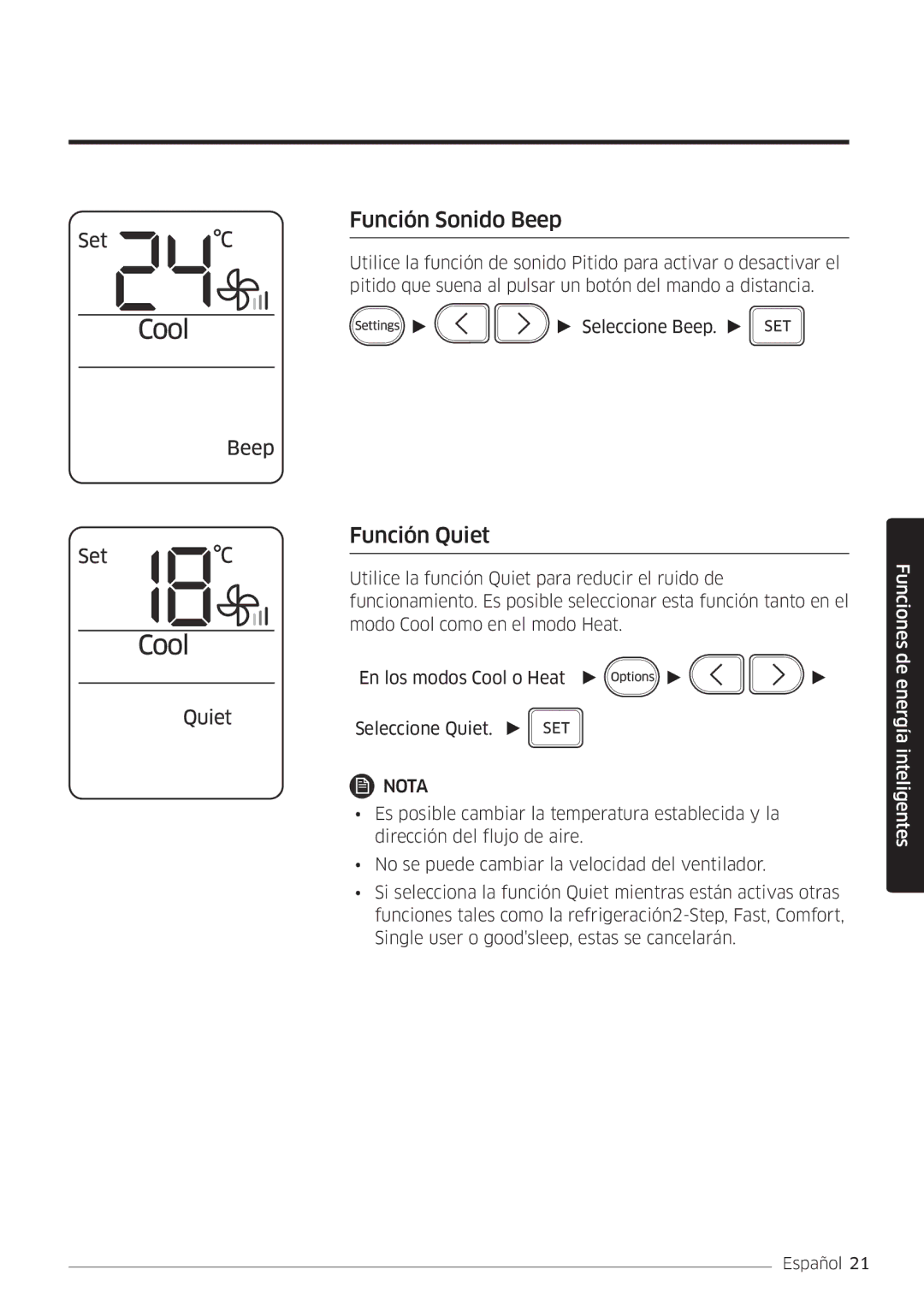 Samsung AR07MSWSAURNEU, AR18MSWSAWKNEU, AR24MSWSAWKNEU, AR09MSWSAURNEU, AR12MSWSAURNEU Función Sonido Beep, Función Quiet 