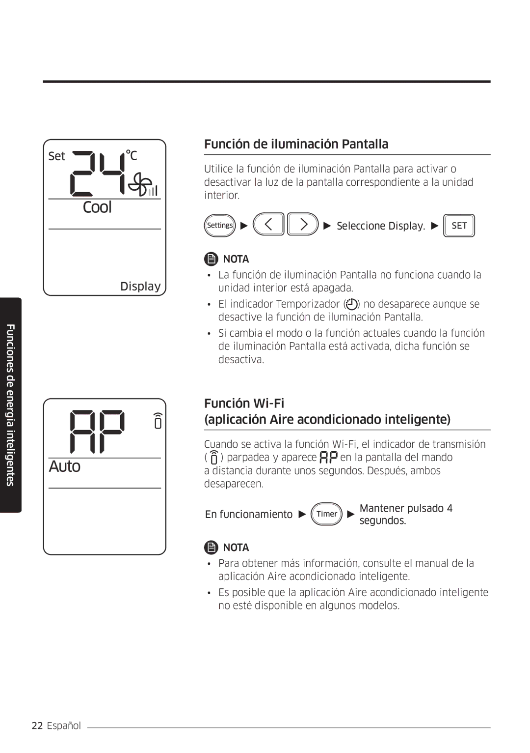 Samsung AR09MSWSAURNEU manual Función de iluminación Pantalla, Función Wi-Fi Aplicación Aire acondicionado inteligente 