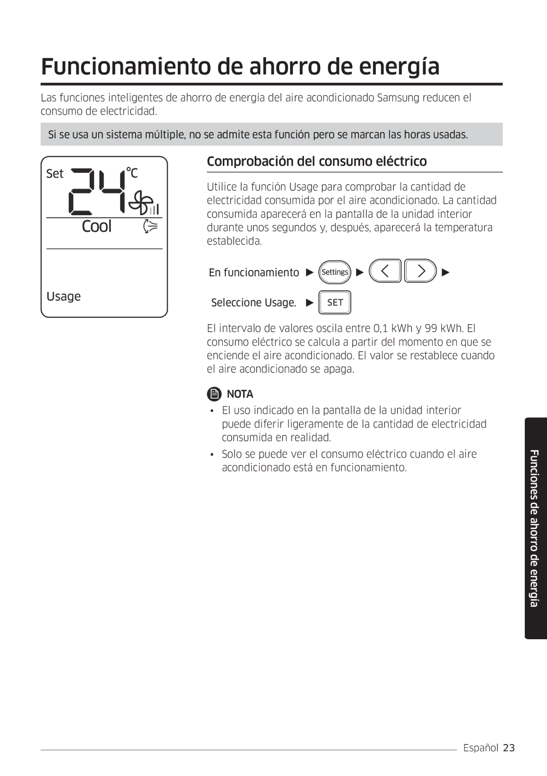 Samsung AR12MSWSAURNEU, AR18MSWSAWKNEU manual Funcionamiento de ahorro de energía, Comprobación del consumo eléctrico 