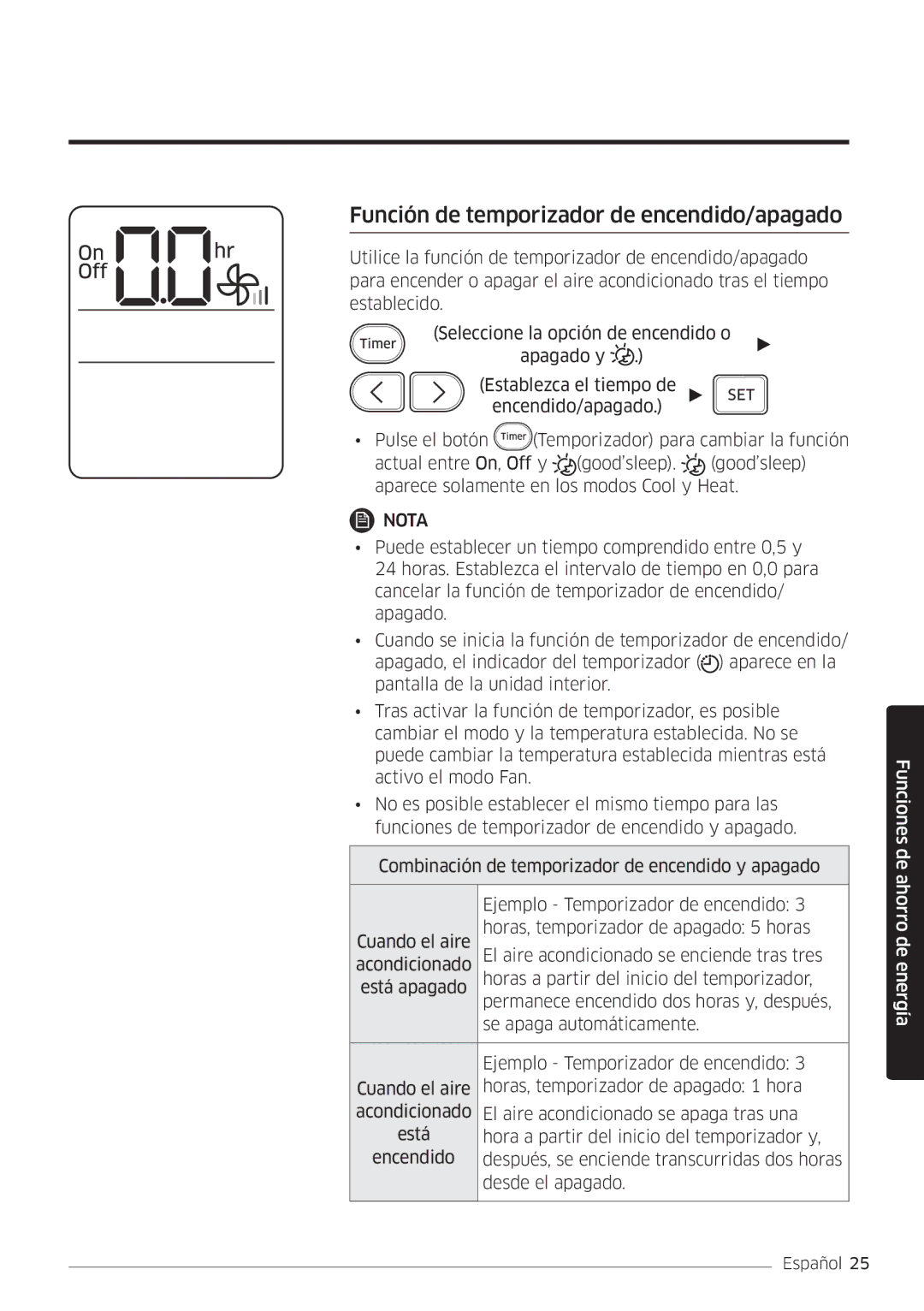 Samsung AR24MSWSAWKNEU, AR18MSWSAWKNEU, AR07MSWSAURNEU, AR09MSWSAURNEU manual Función de temporizador de encendido/apagado 