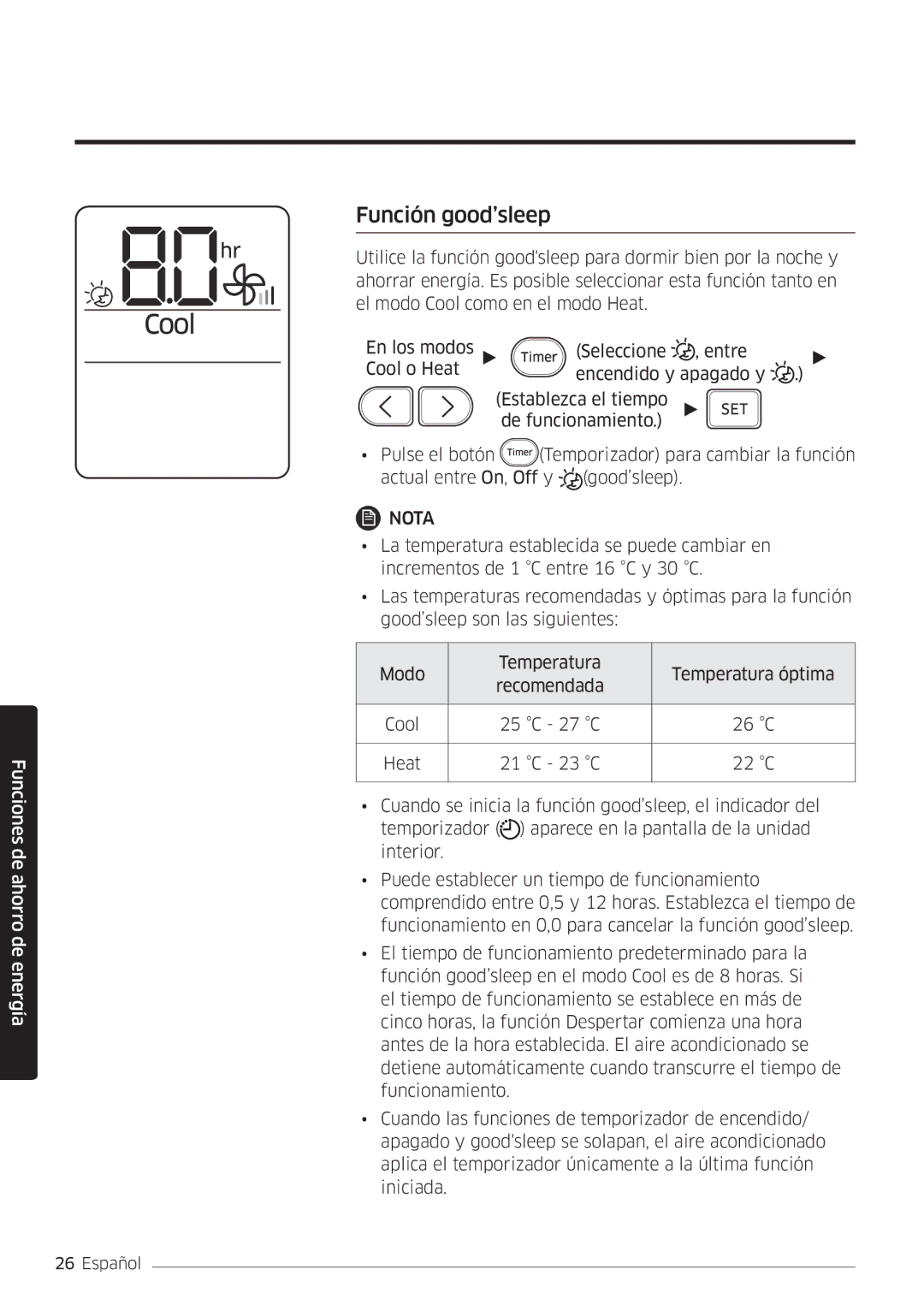 Samsung AR07MSWSAURNEU, AR18MSWSAWKNEU, AR24MSWSAWKNEU, AR09MSWSAURNEU, AR12MSWSAURNEU manual Función good’sleep 