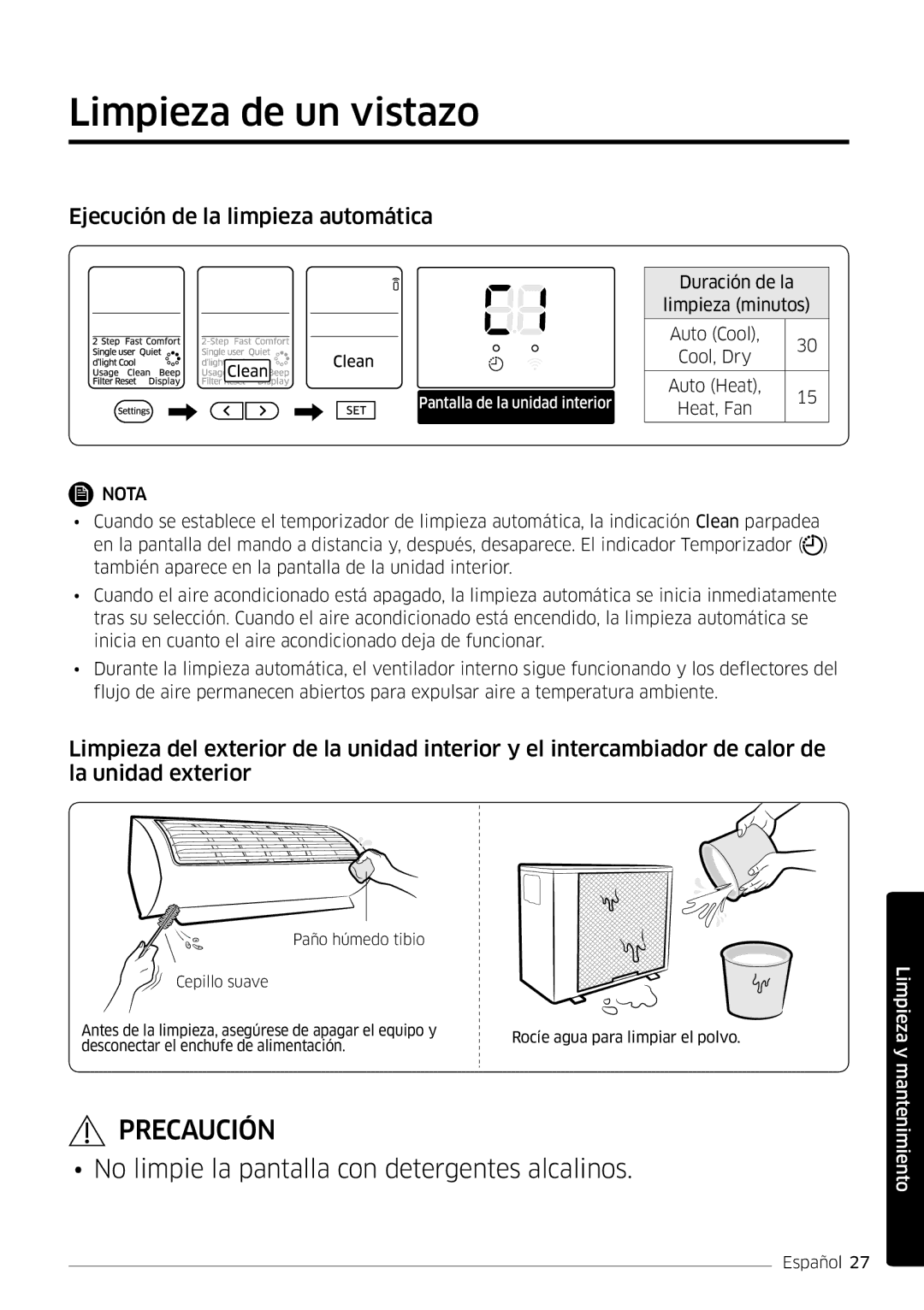 Samsung AR09MSWSAURNEU, AR18MSWSAWKNEU, AR24MSWSAWKNEU manual Limpieza de un vistazo, Ejecución de la limpieza automática 