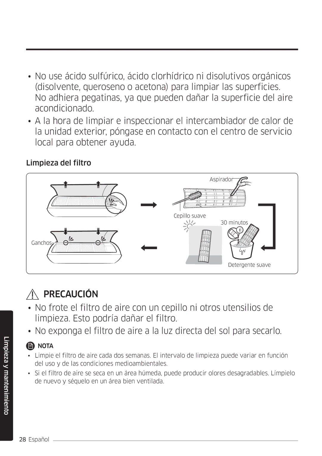 Samsung AR12MSWSAURNEU, AR18MSWSAWKNEU, AR24MSWSAWKNEU, AR07MSWSAURNEU, AR09MSWSAURNEU manual Limpieza del filtro 