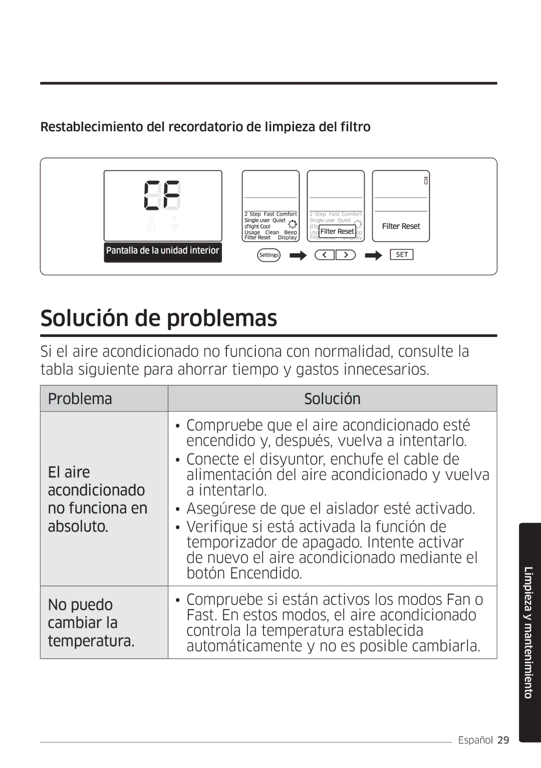 Samsung AR18MSWSAWKNEU, AR24MSWSAWKNEU Solución de problemas, Restablecimiento del recordatorio de limpieza del filtro 