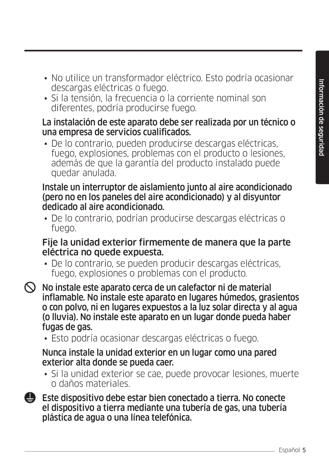 Samsung AR24MSWSAWKNEU, AR18MSWSAWKNEU, AR07MSWSAURNEU, AR09MSWSAURNEU, AR12MSWSAURNEU manual Información de seguridad 