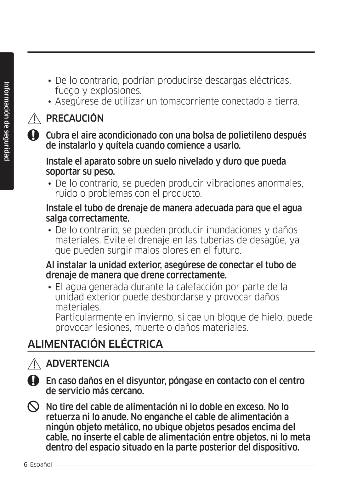 Samsung AR07MSWSAURNEU, AR18MSWSAWKNEU, AR24MSWSAWKNEU, AR09MSWSAURNEU, AR12MSWSAURNEU manual Alimentación Eléctrica 