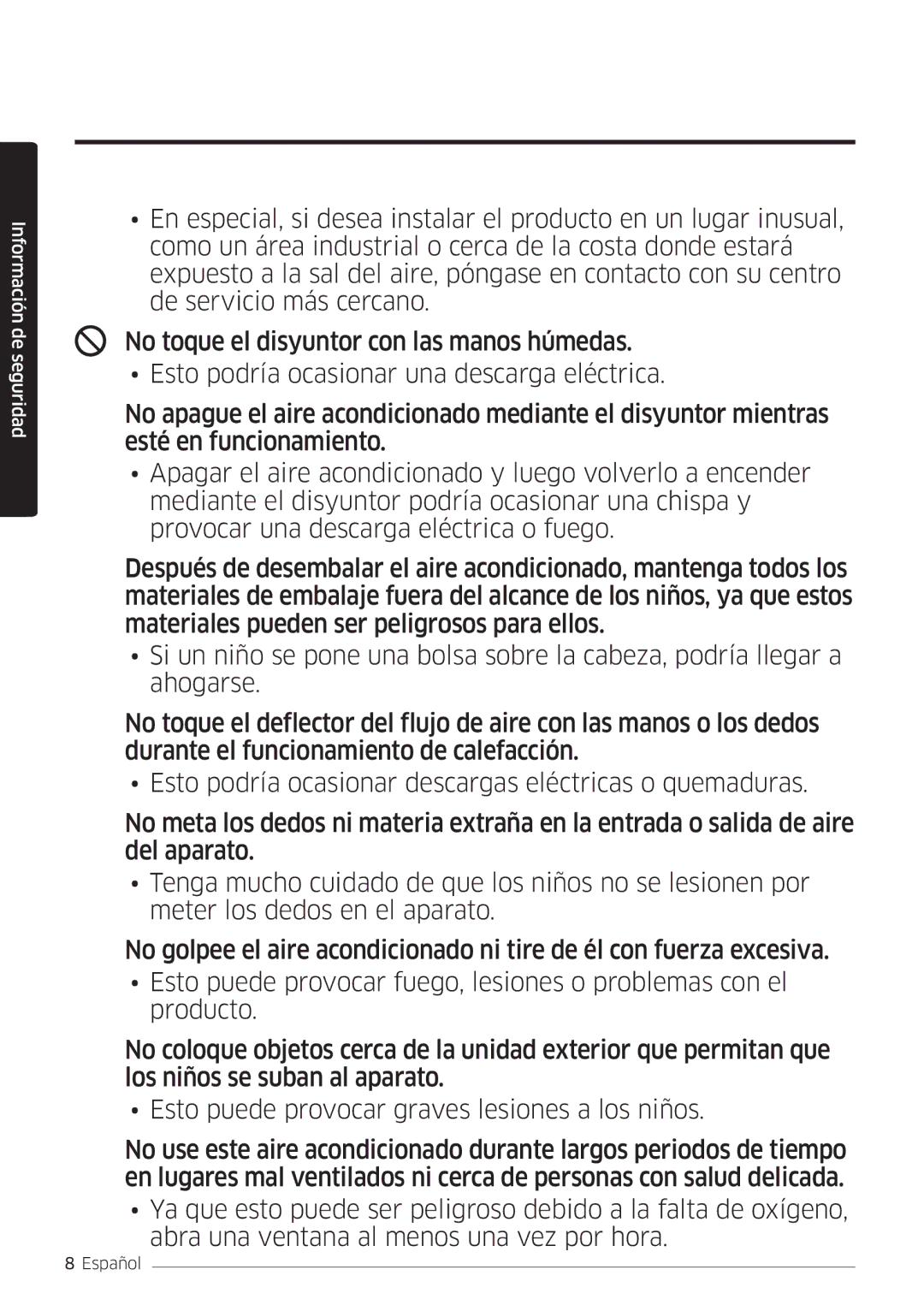 Samsung AR12MSWSAURNEU, AR18MSWSAWKNEU, AR24MSWSAWKNEU, AR07MSWSAURNEU, AR09MSWSAURNEU manual Información de seguridad 