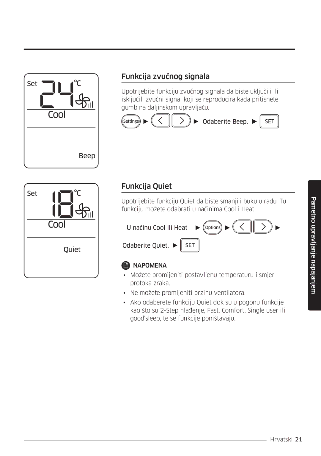 Samsung AR18MSWSAWKNEU manual Funkcija zvučnog signala, Funkcija Quiet 