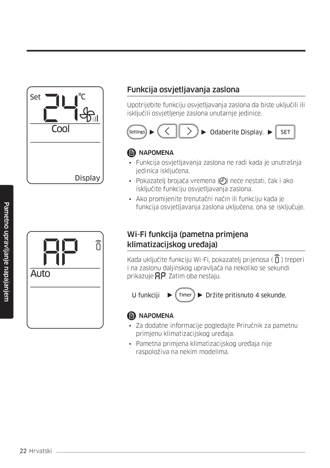 Samsung AR18MSWSAWKNEU manual Funkcija osvjetljavanja zaslona, Wi-Fi funkcija pametna primjena klimatizacijskog uređaja 