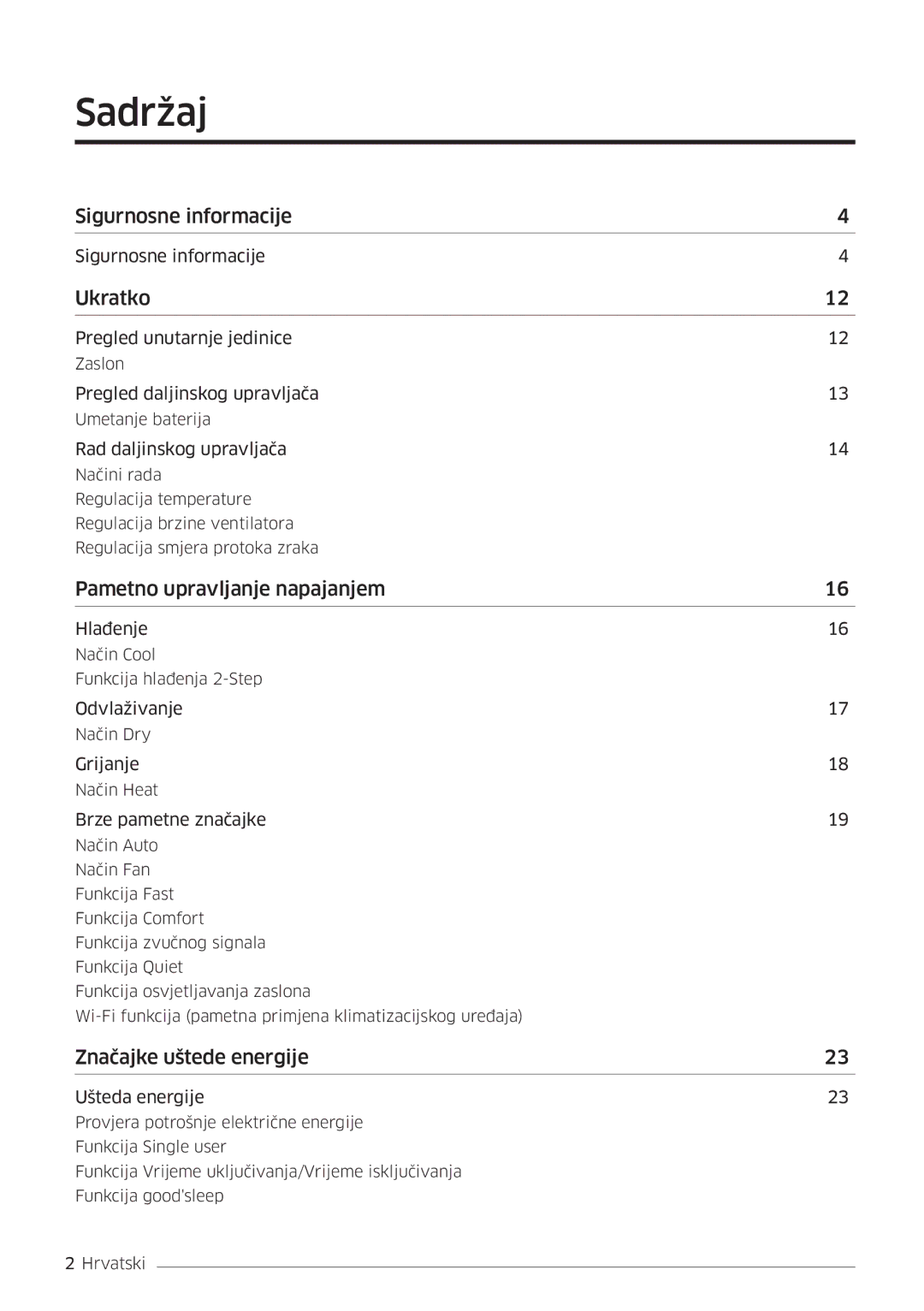 Samsung AR18MSWSAWKNEU manual Sadržaj, Ukratko 