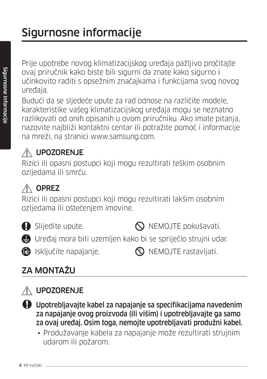 Samsung AR18MSWSAWKNEU manual Sigurnosne informacije, Oprez 