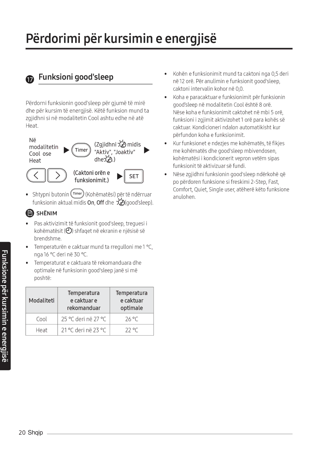 Samsung AR18NSFHBWKNEU manual Përdorimi për kursimin e energjisë, Funksioni goodsleep 