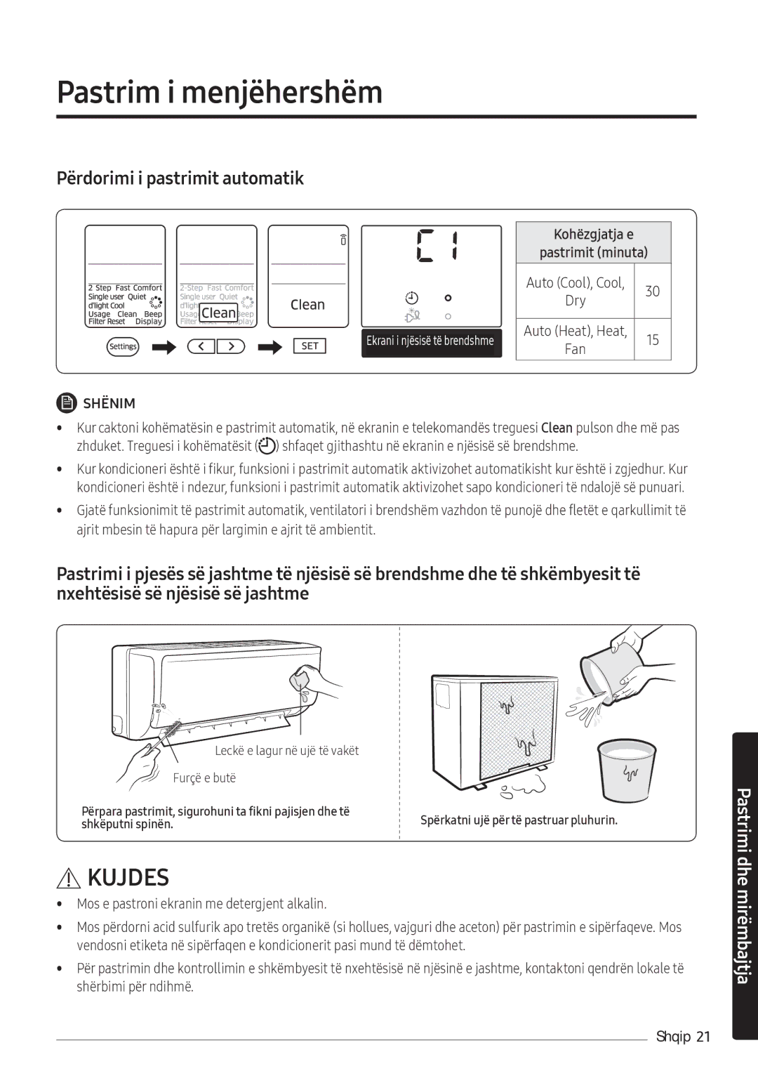 Samsung AR18NSFHBWKNEU manual Pastrim i menjëhershëm, Përdorimi i pastrimit automatik 