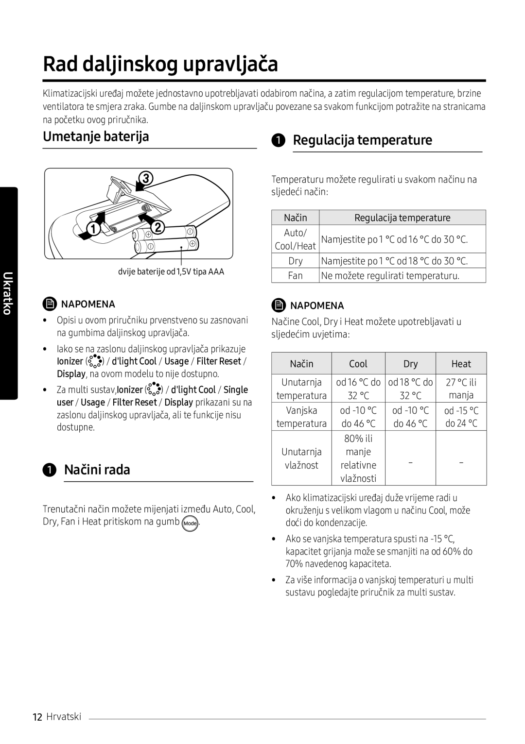 Samsung AR18NSFPEWQNEU manual Rad daljinskog upravljača, Umetanje baterija Regulacija temperature, Načini rada 