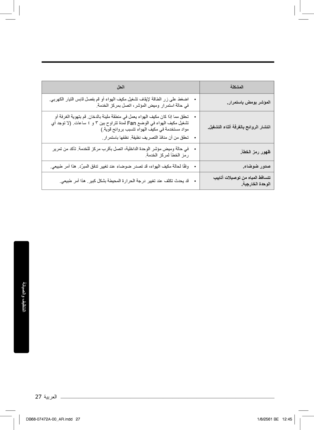 Samsung AR18NVPXCWK/MG manual رارﻣﺗﺳﺎﺑ ضﻣوﯾ رﺷؤﻣﻟا, لﯾﻐﺷﺗﻟا ءﺎﻧﺛأ ﺔﻓرﻐﻟﺎﺑ ﺢﺋاورﻟا رﺎﺷﺗﻧا, ﺄطﺧﻟا زﻣر روﮭظ, ءﺎﺿوﺿ رودﺻ 