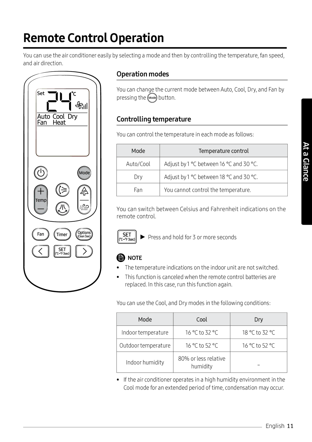 Samsung AR18NVPXCWK/MG manual Remote Control Operation, Operation modes, Controlling temperature 