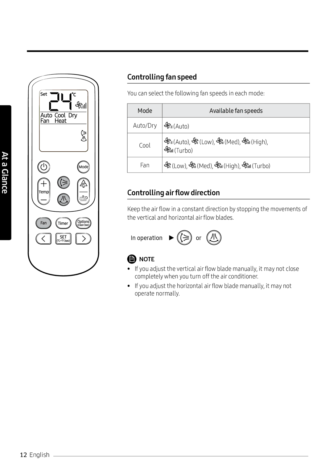 Samsung AR18NVPXCWK/MG manual Controlling fan speed, Controlling air flow direction 