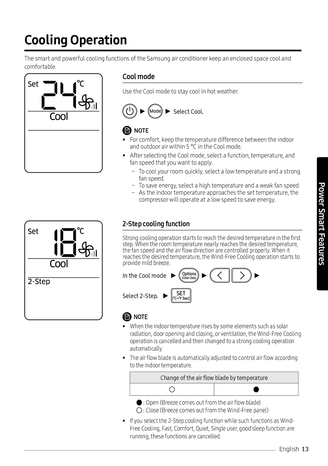 Samsung AR18NVPXCWK/MG manual Cooling Operation, Cool mode, Step cooling function, Comfortable 