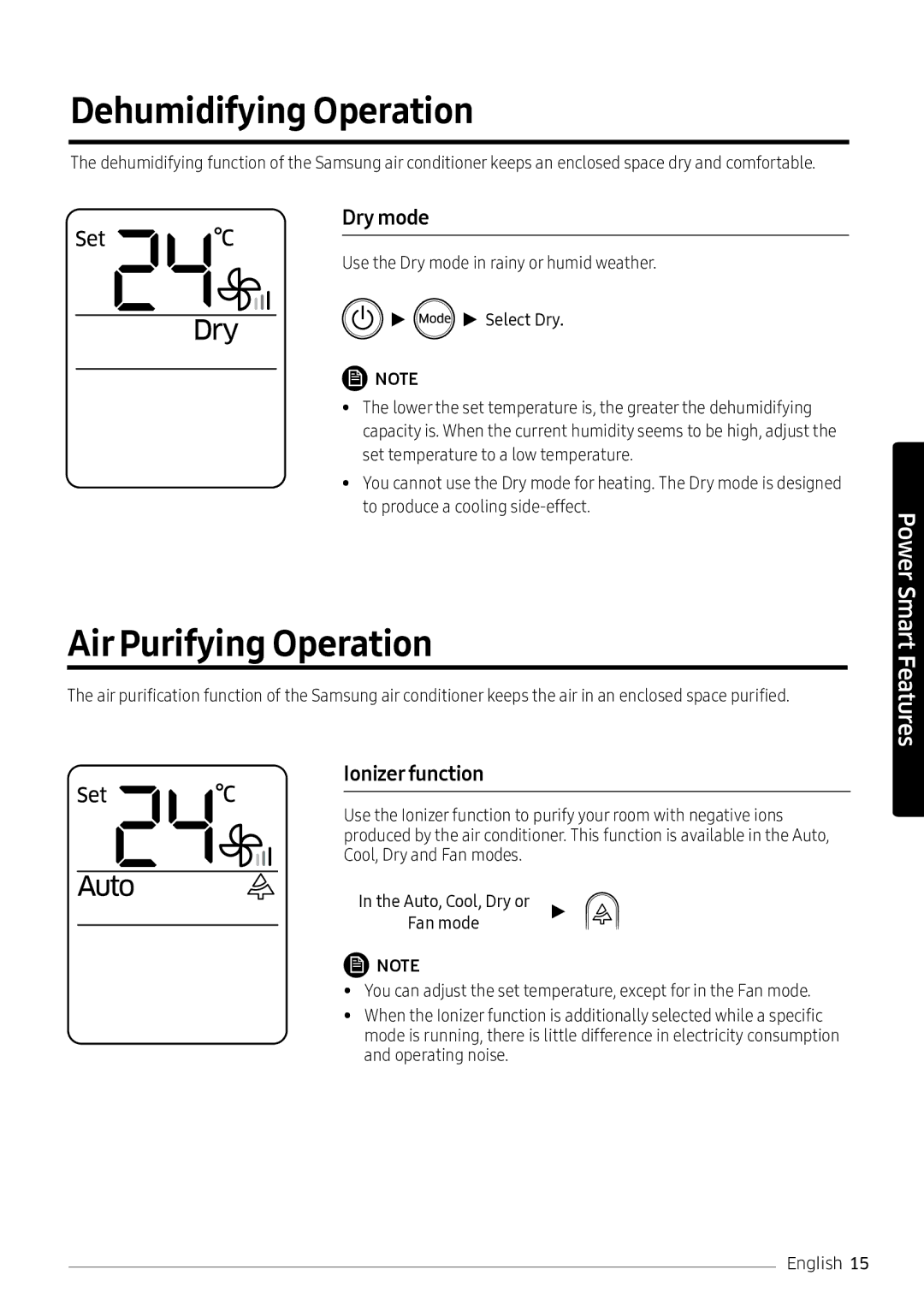 Samsung AR18NVPXCWK/MG manual Dehumidifying Operation, Air Purifying Operation, Dry mode, Ionizer function 