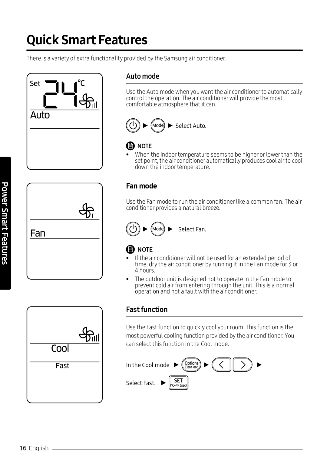 Samsung AR18NVPXCWK/MG manual Quick Smart Features, Auto mode, Fan mode, Fast function 