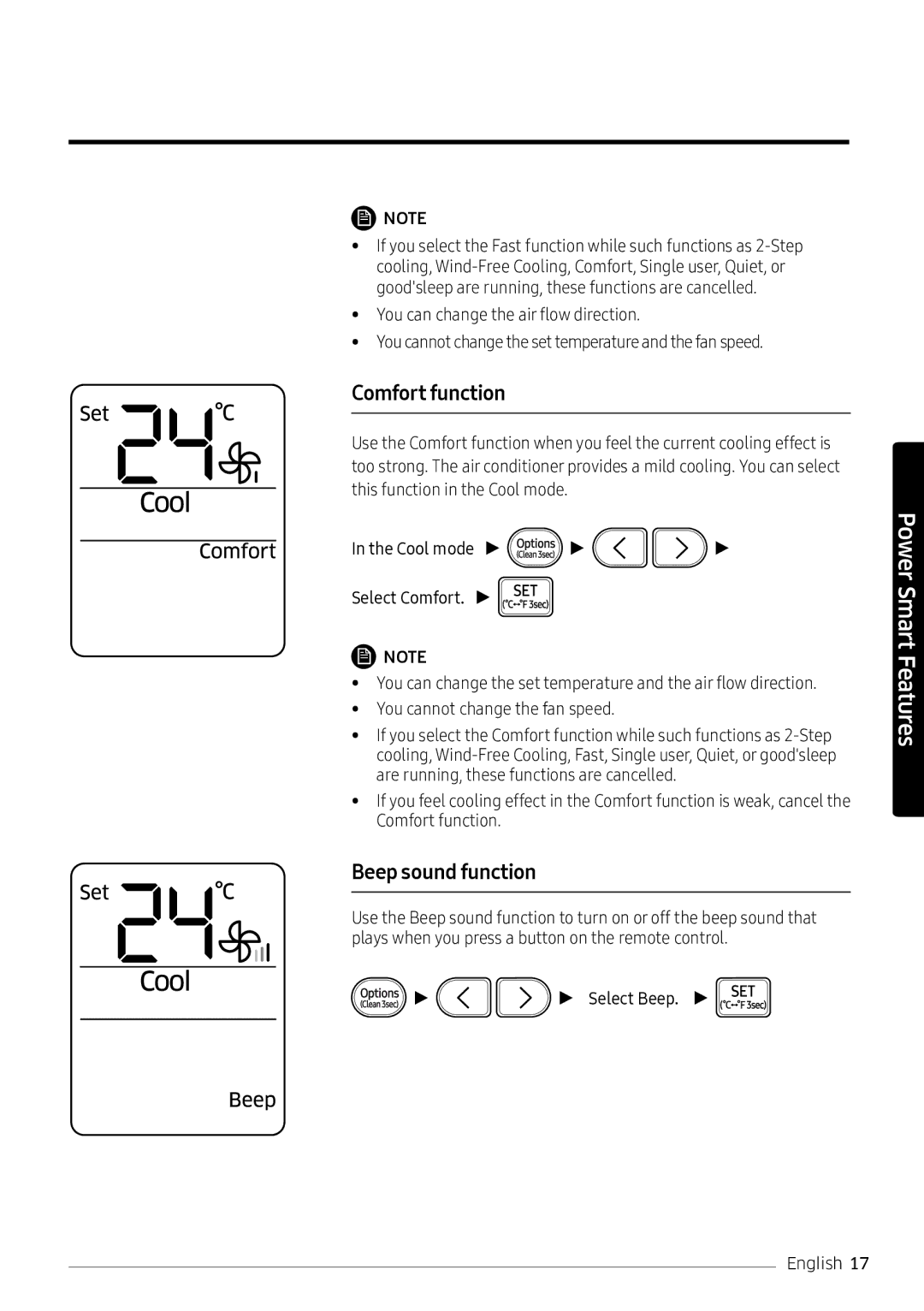 Samsung AR18NVPXCWK/MG manual Comfort function, Beep sound function, Select Beep 