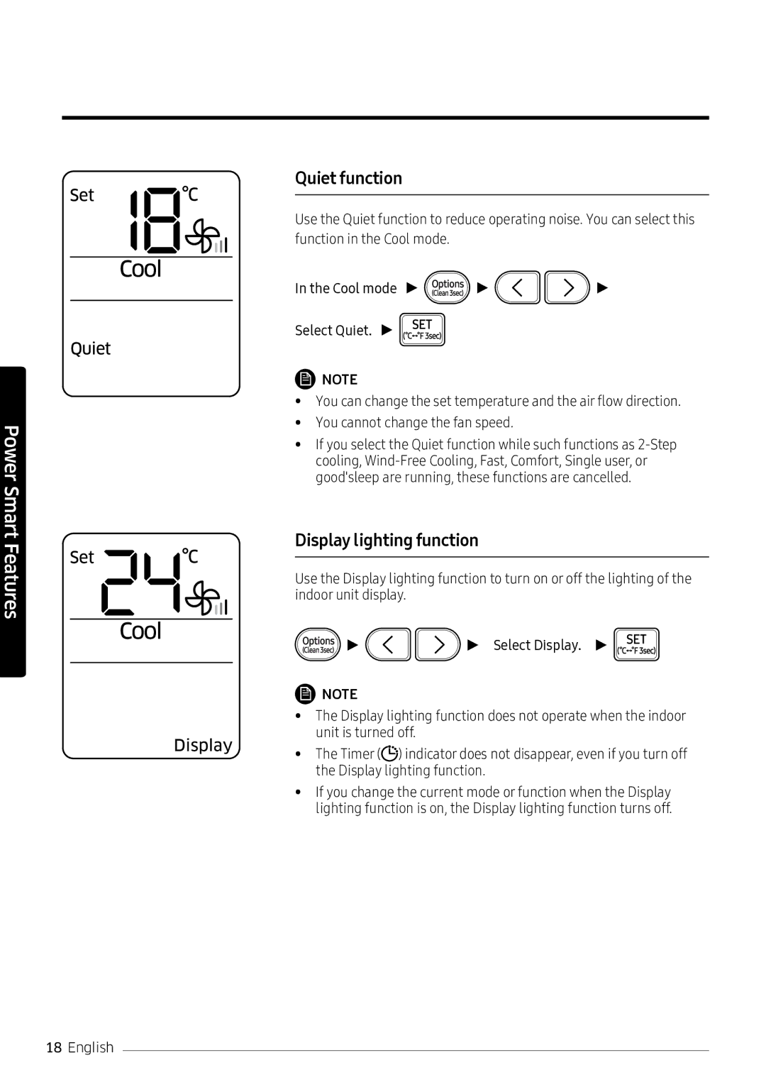 Samsung AR18NVPXCWK/MG manual Quiet function, Display lighting function 