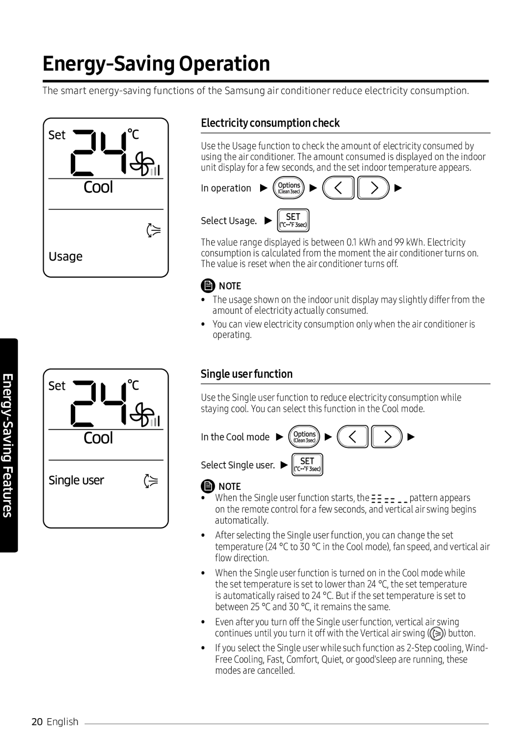 Samsung AR18NVPXCWK/MG Energy-Saving Operation, Electricity consumption check, Single userfunction, Operation Select Usage 