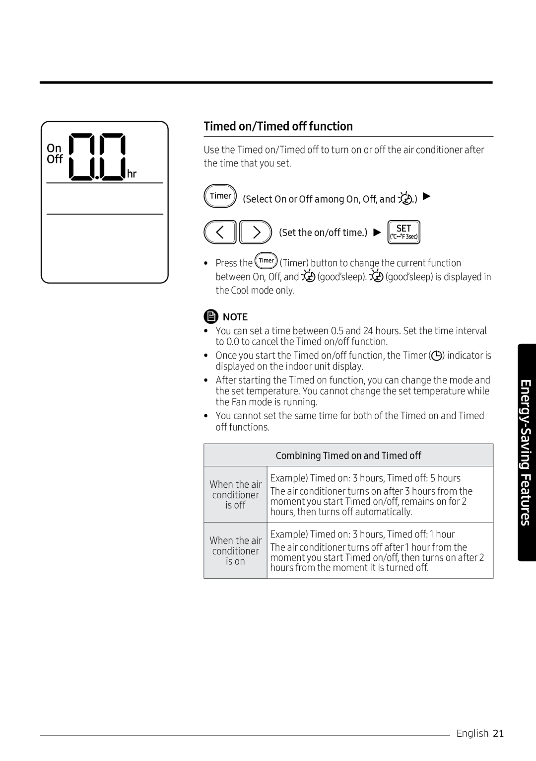 Samsung AR18NVPXCWK/MG manual Timed on/Timed off function 