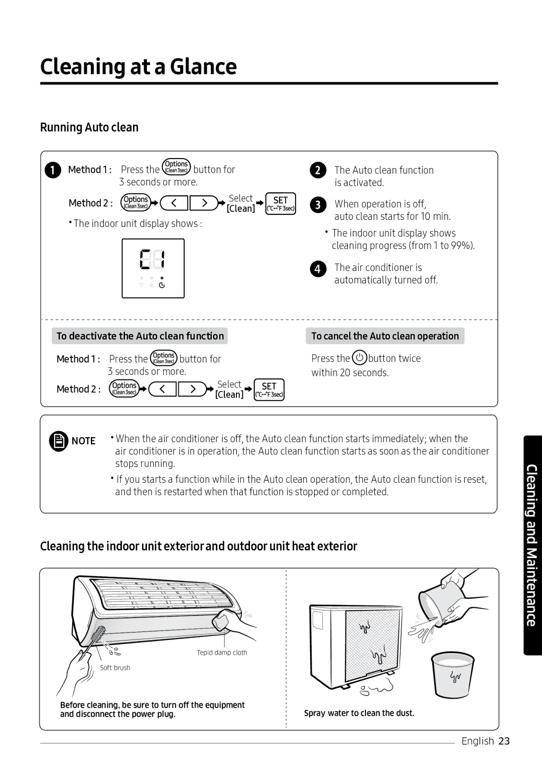 Samsung AR18NVPXCWK/MG manual Running Auto clean, Method, To deactivate the Auto clean function 