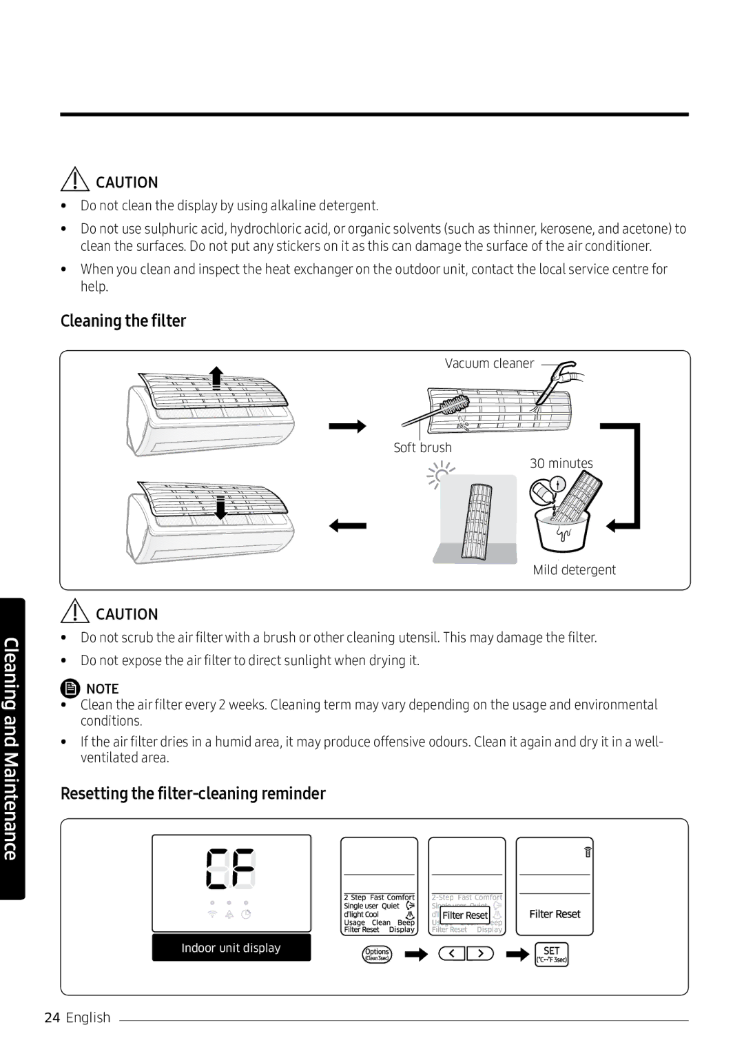 Samsung AR18NVPXCWK/MG manual Cleaning the filter, Resetting the filter-cleaning reminder 