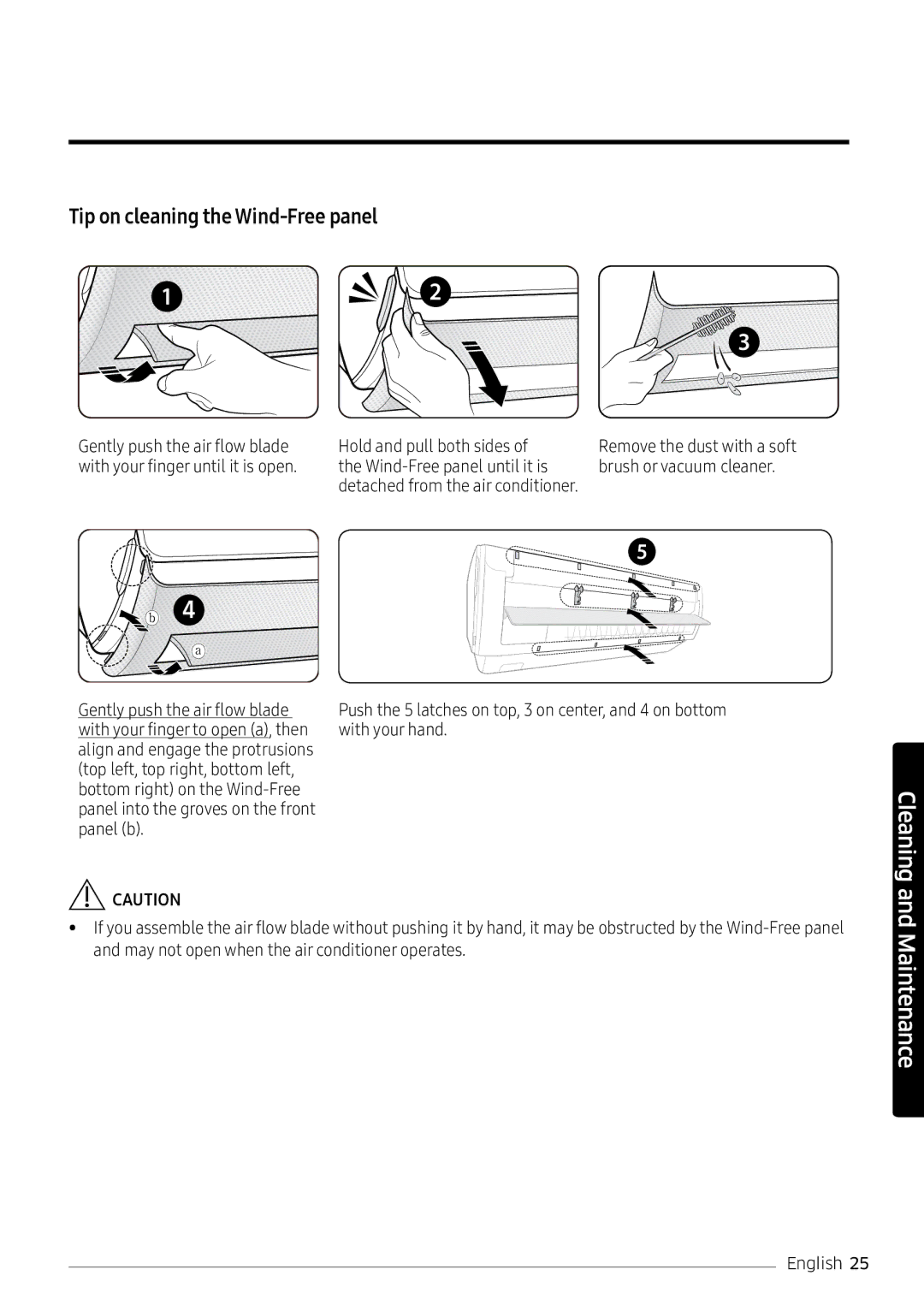 Samsung AR18NVPXCWK/MG manual Tip on cleaning the Wind-Free panel, Gently push the air flow blade Hold and pull both sides 