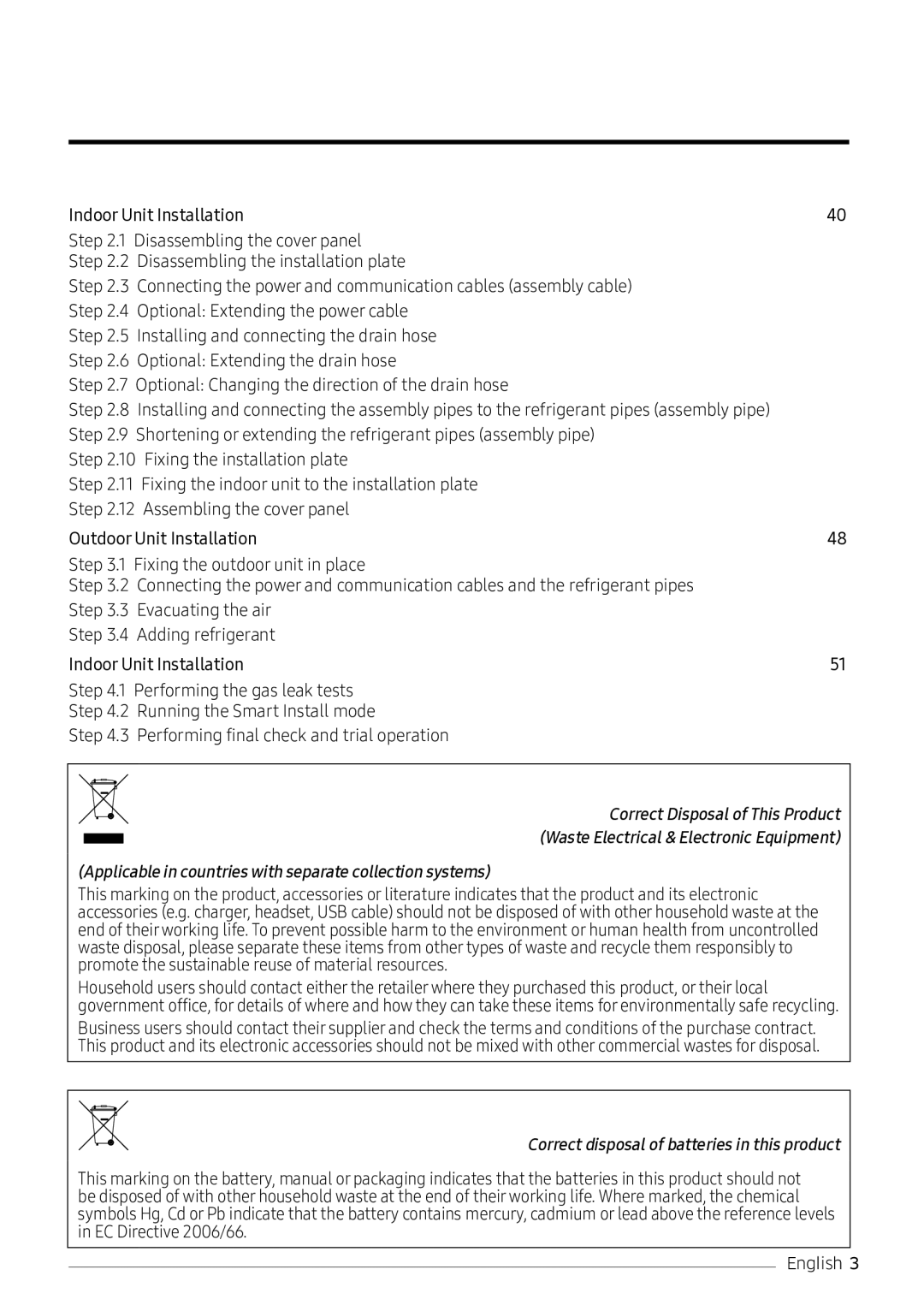 Samsung AR18NVPXCWK/MG manual Correct disposal of batteries in this product 