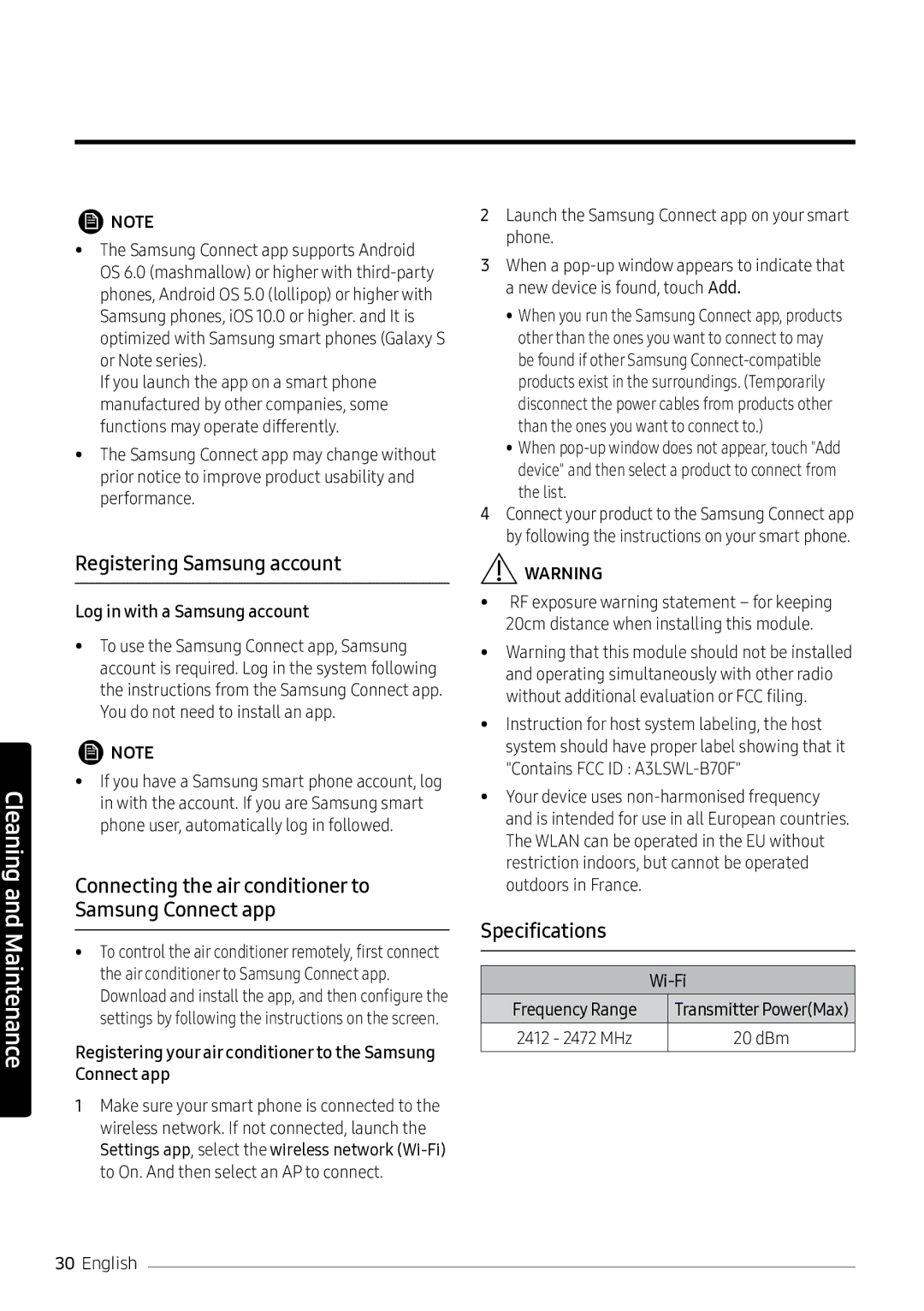 Samsung AR18NVPXCWK/MG manual Registering Samsung account, Specifications, Log in with a Samsung account 