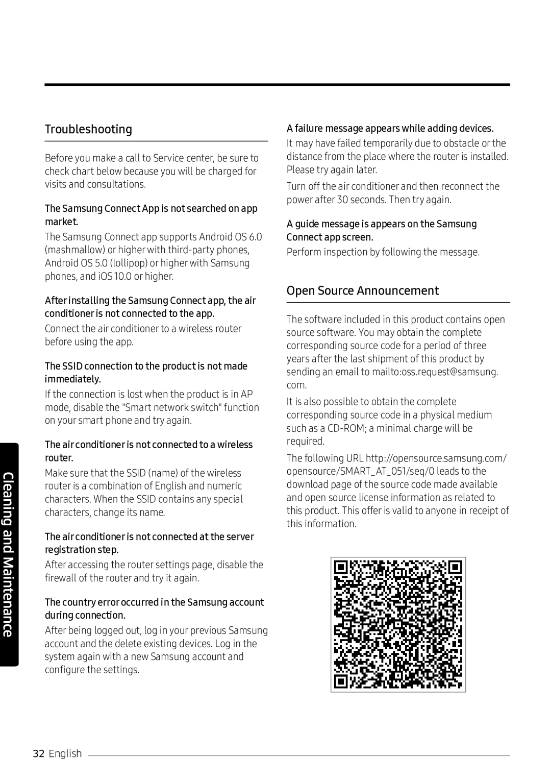 Samsung AR18NVPXCWK/MG manual Troubleshooting, Open Source Announcement 