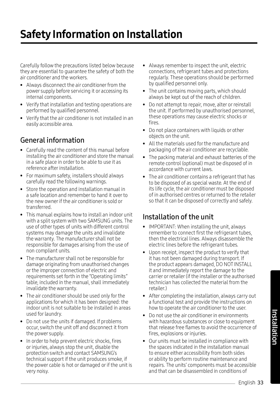 Samsung AR18NVPXCWK/MG manual Safety Information on Installation, General information 