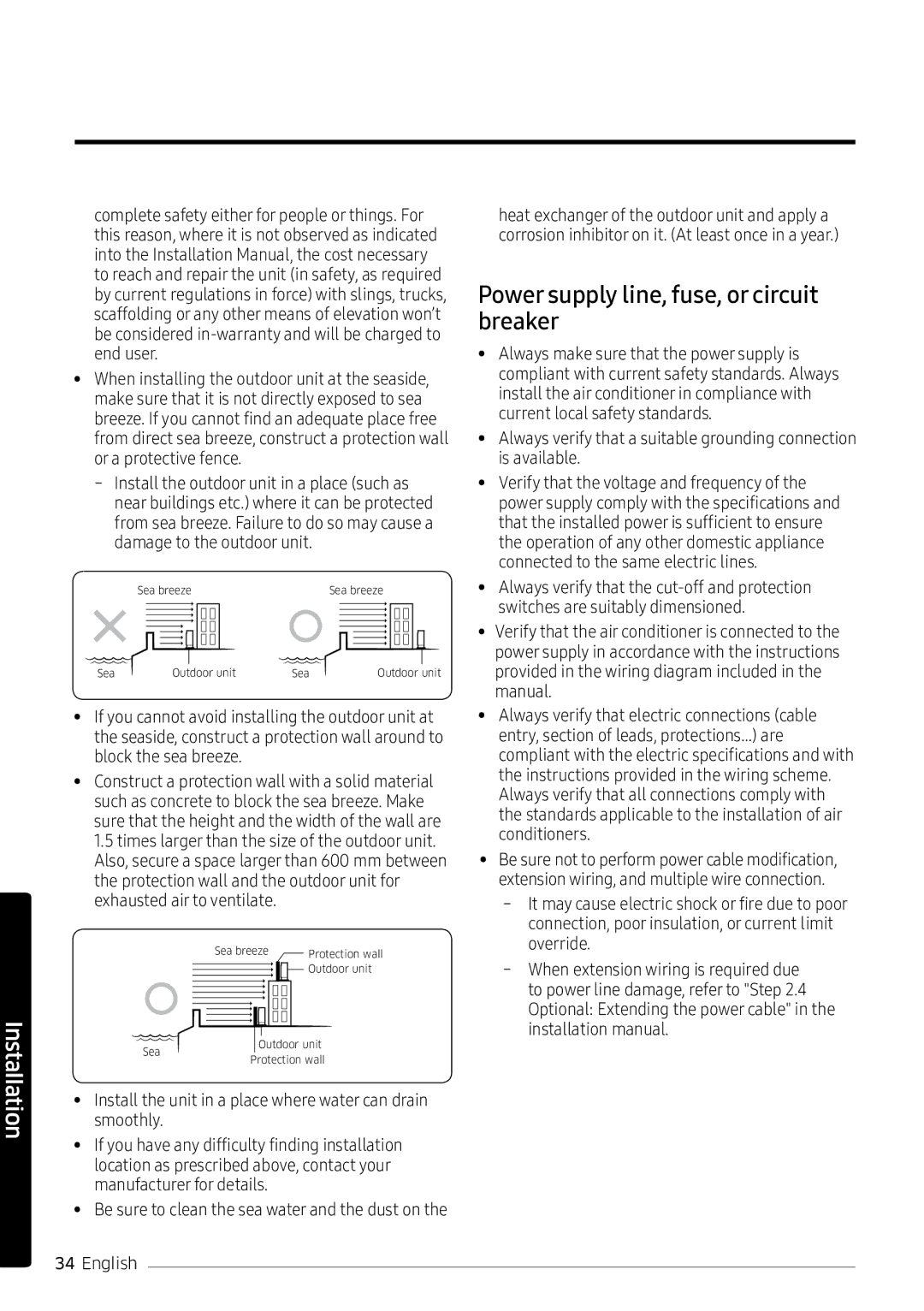 Samsung AR18NVPXCWK/MG manual Power supply line, fuse, or circuit breaker 