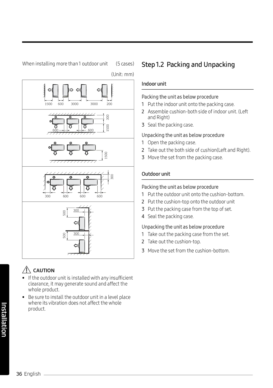 Samsung AR18NVPXCWK/MG manual Packing and Unpacking, Unit mm, Indoor unit, Outdoor unit 