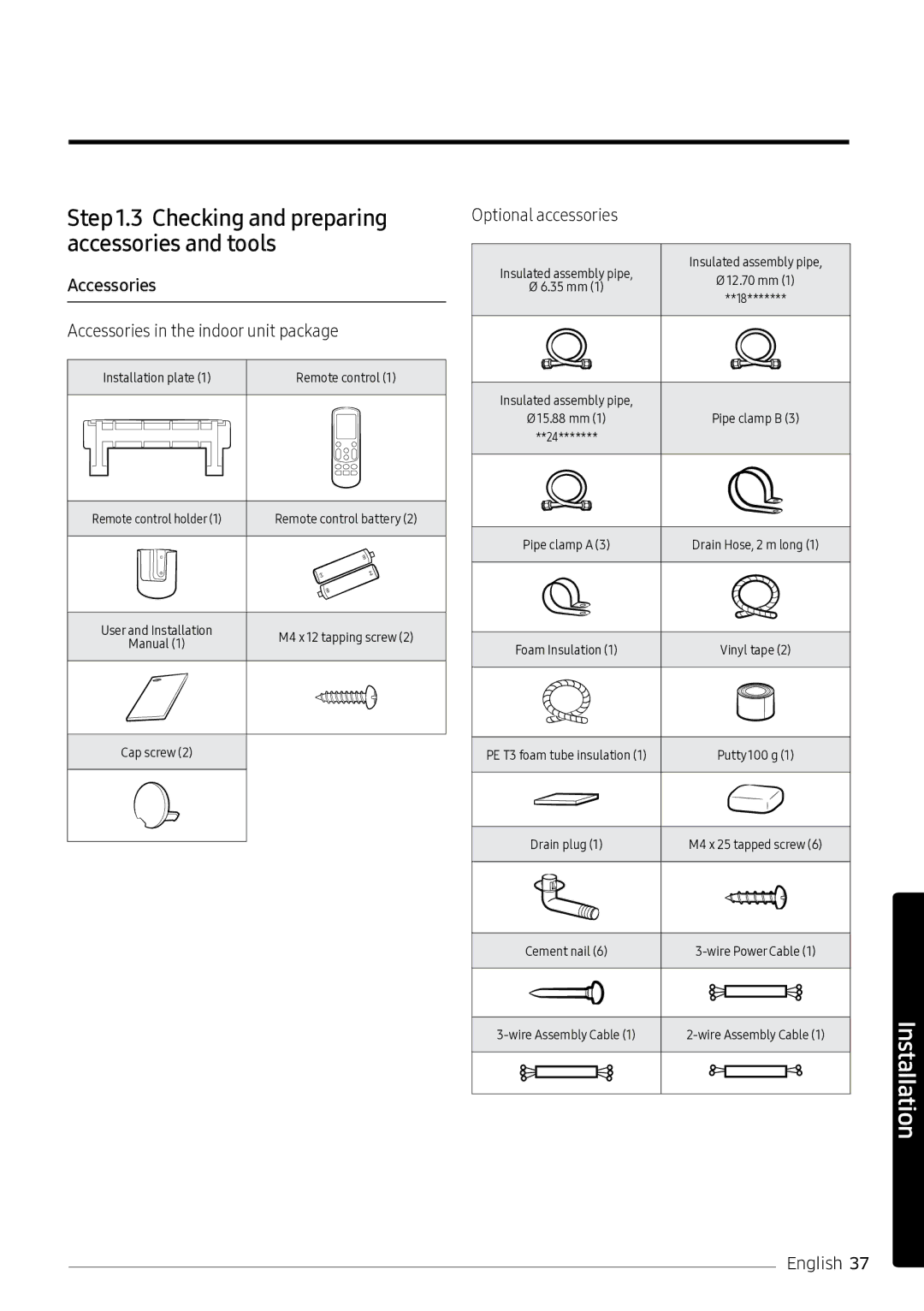 Samsung AR18NVPXCWK/MG manual Accessories in the indoor unit package, Optional accessories 