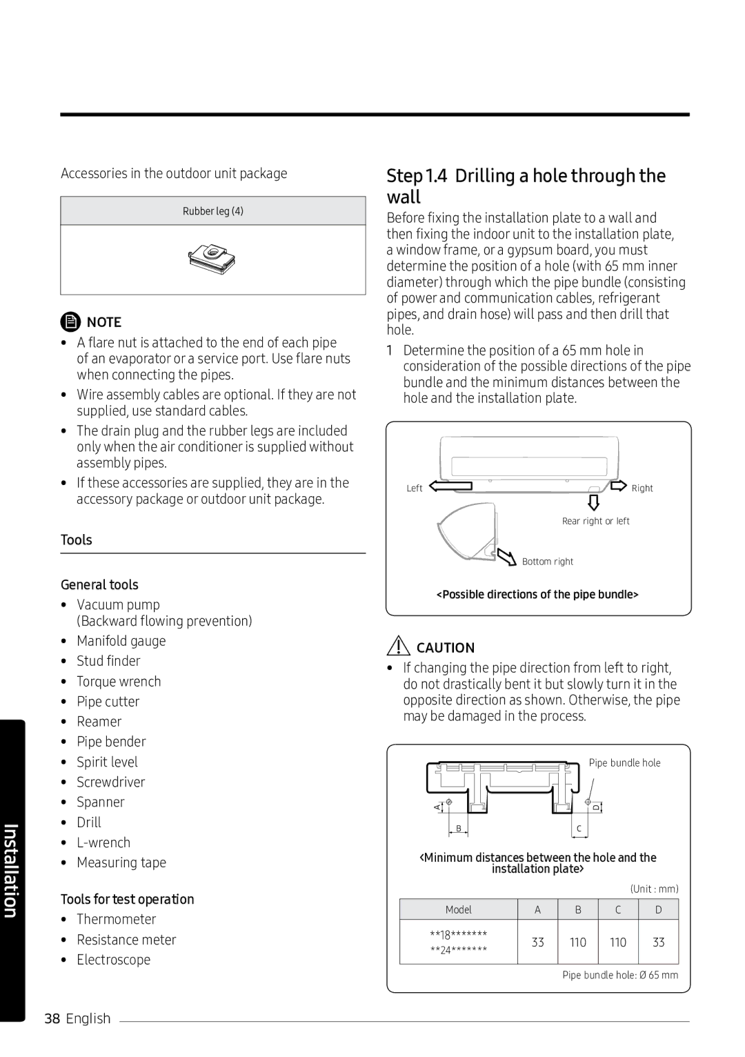 Samsung AR18NVPXCWK/MG Drilling a hole through the wall, Accessories in the outdoor unit package, Tools General tools 