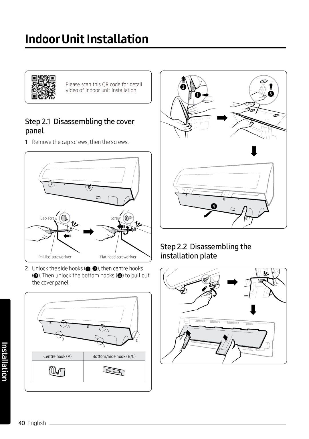 Samsung AR18NVPXCWK/MG manual Indoor Unit Installation, Disassembling the cover panel, Installation plate 