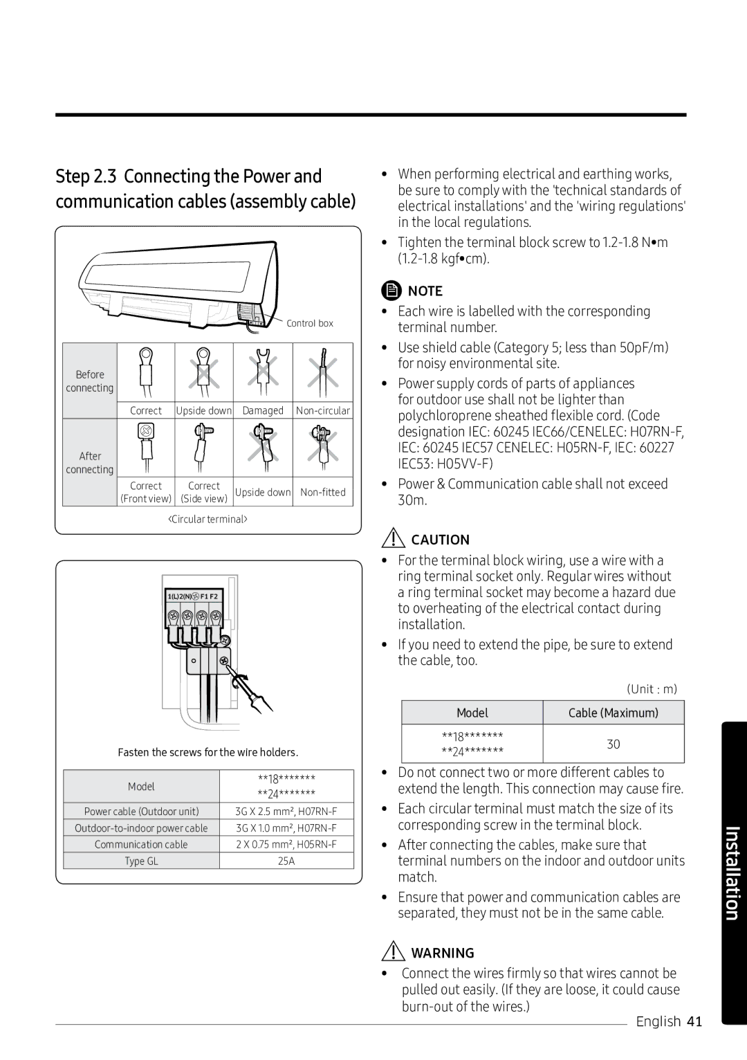 Samsung AR18NVPXCWK/MG manual Connecting the Power and communication cables assembly cable 