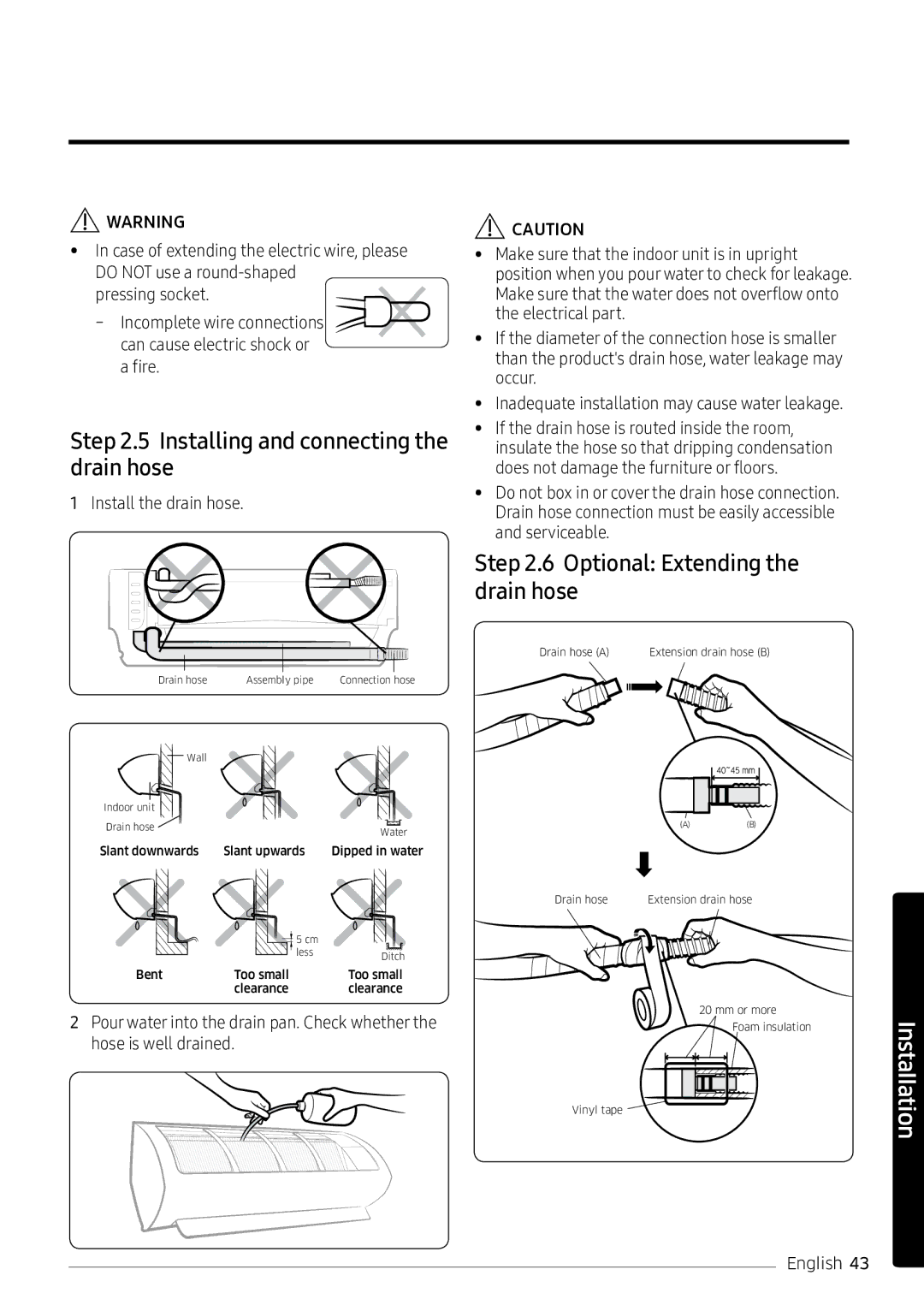 Samsung AR18NVPXCWK/MG manual Installing and connecting the drain hose, Optional Extending the drain hose, Fire 