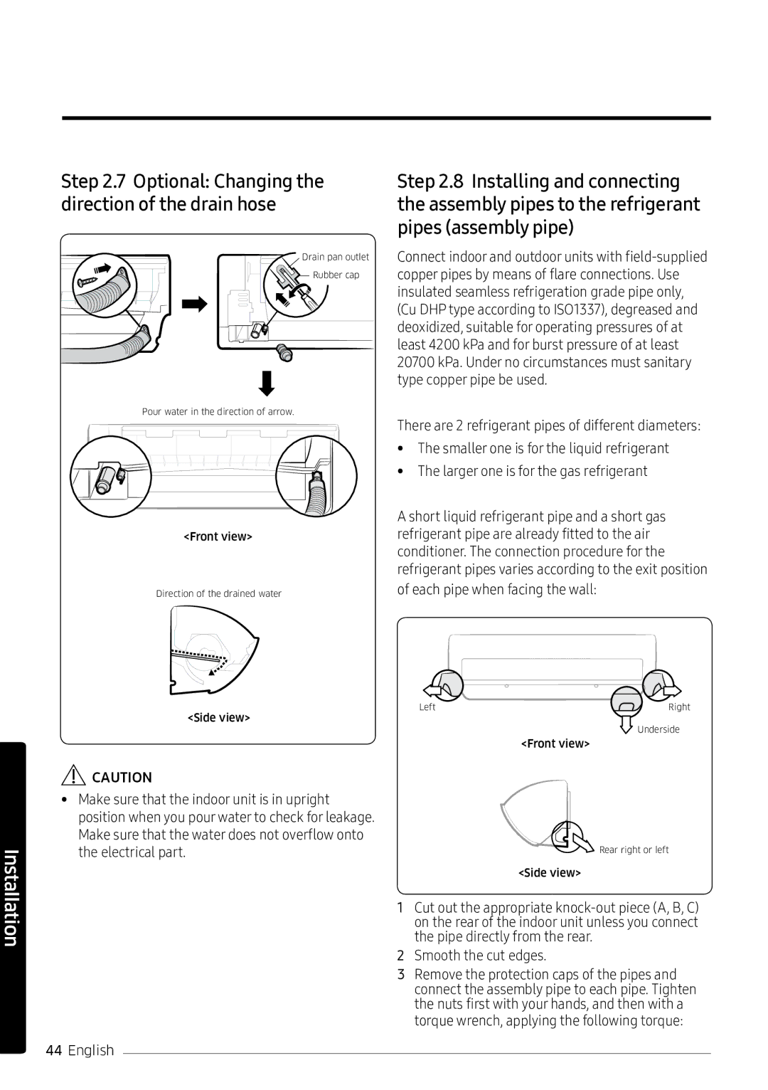 Samsung AR18NVPXCWK/MG manual Optional Changing the direction of the drain hose, Each pipe when facing the wall 