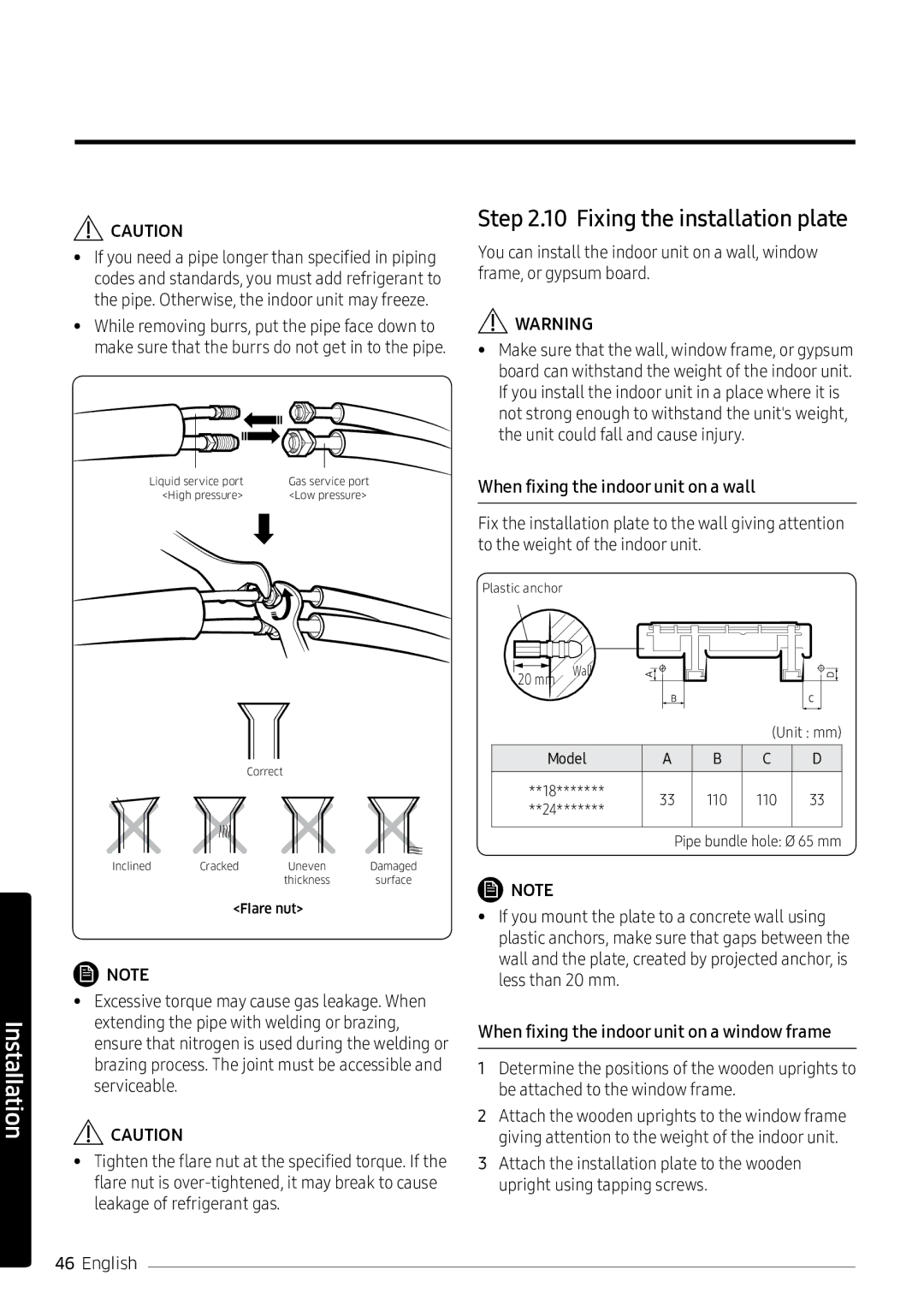 Samsung AR18NVPXCWK/MG manual Fixing the installation plate, When fixing the indoor unit on a wall 