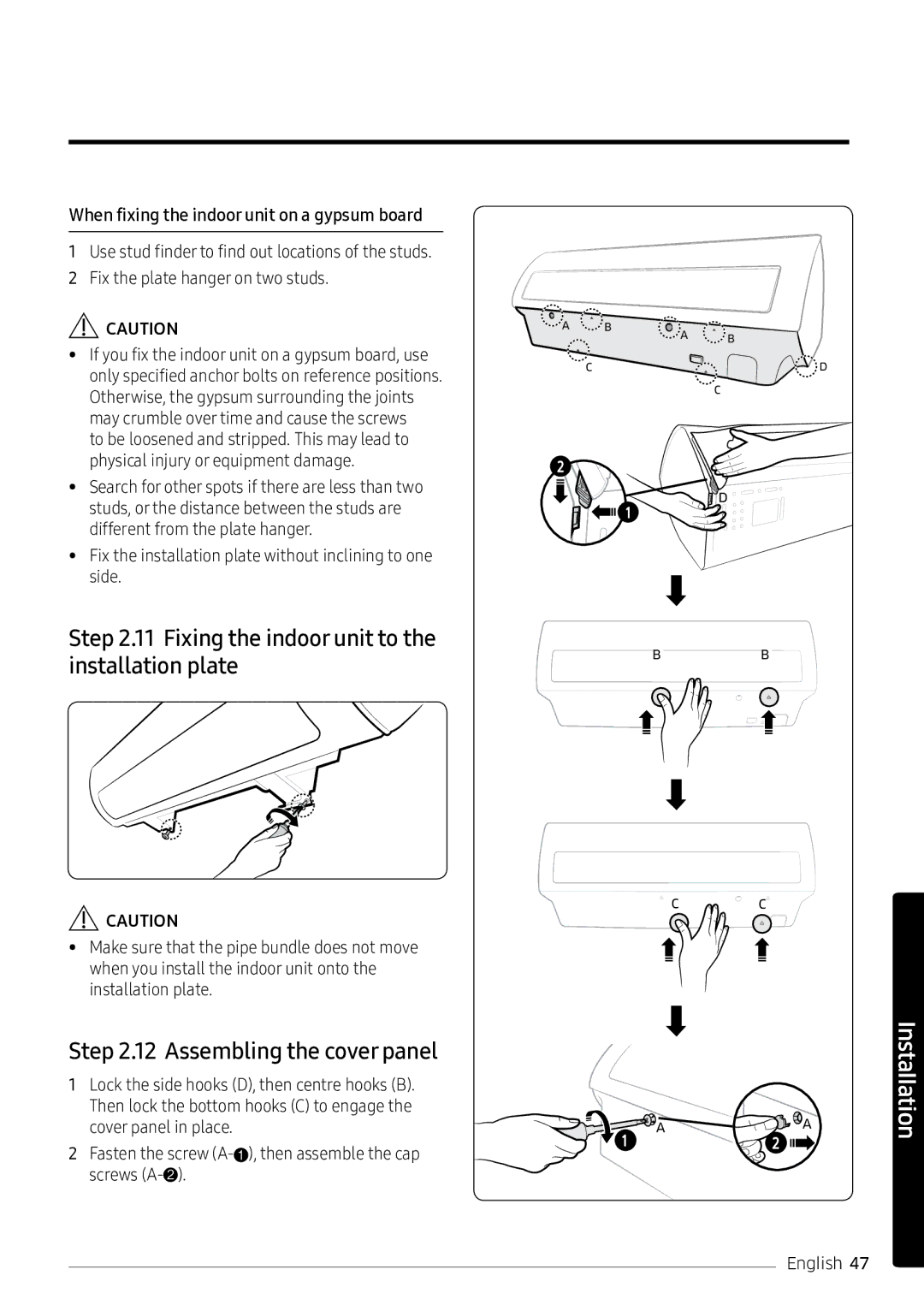 Samsung AR18NVPXCWK/MG manual Fixing the indoor unit to the installation plate, Assembling the cover panel 